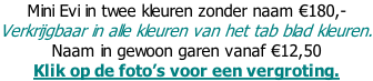 Mini Evi in twee kleuren zonder naam €180,-  Verkrijgbaar in alle kleuren van het tab blad kleuren. Naam in gewoon garen vanaf €12,50  Klik op de foto’s voor een vergroting.