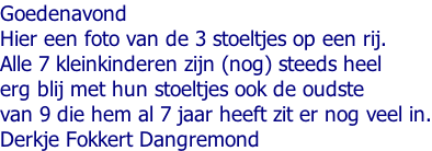 Goedenavond Hier een foto van de 3 stoeltjes op een rij. Alle 7 kleinkinderen zijn (nog) steeds heel  erg blij met hun stoeltjes ook de oudste  van 9 die hem al 7 jaar heeft zit er nog veel in. Derkje Fokkert Dangremond