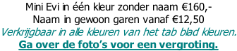 Mini Evi in één kleur zonder naam €160,-  Naam in gewoon garen vanaf €12,50  Verkrijgbaar in alle kleuren van het tab blad kleuren. Ga over de foto’s voor een vergroting.